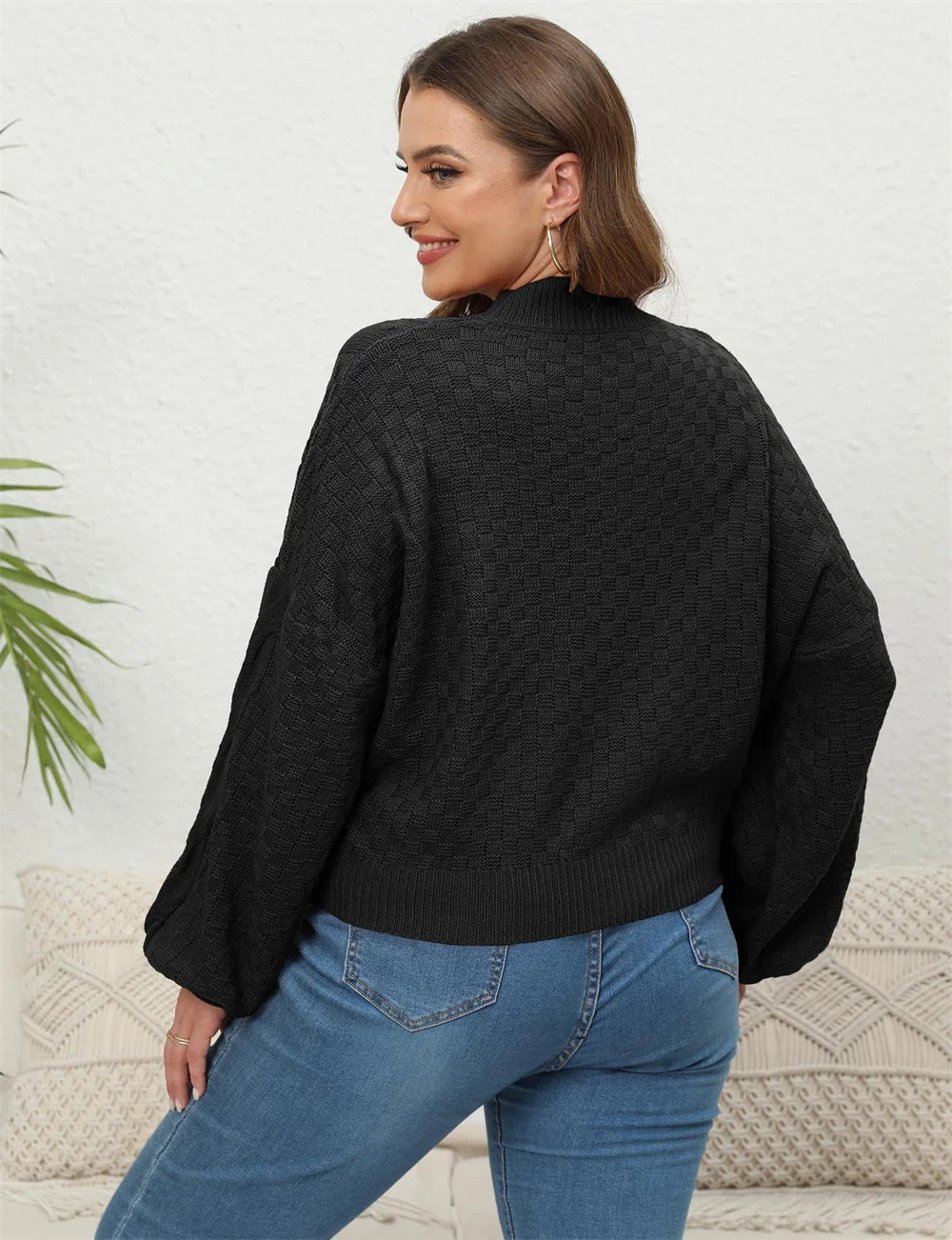 Mock-Neck Openwork Balloon-Sleeve Sweater