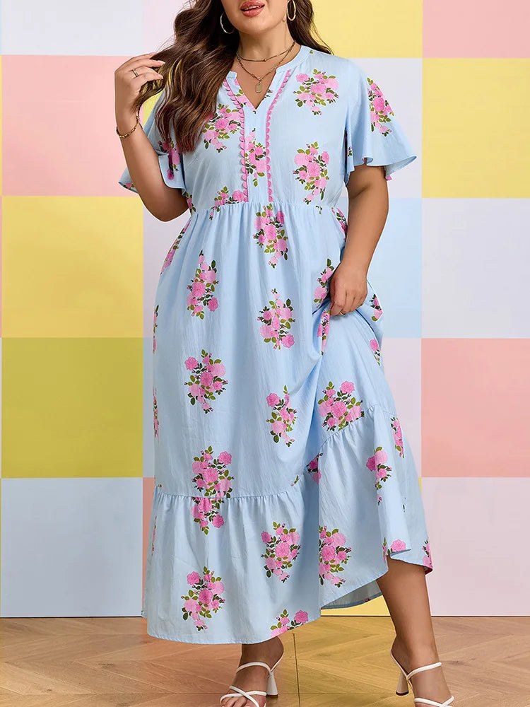 Ditsy-Floral Flutter-Sleeve Maxi Dress