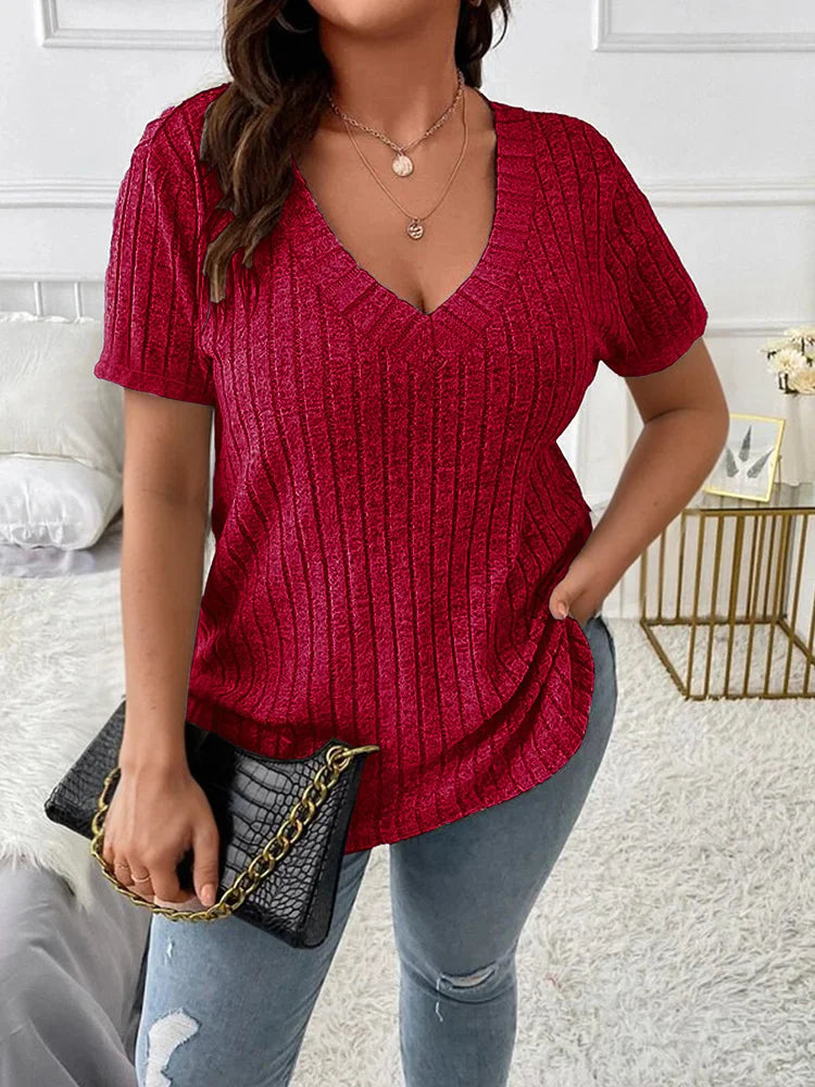 Ribbed V-Neck Short-Sleeve Top