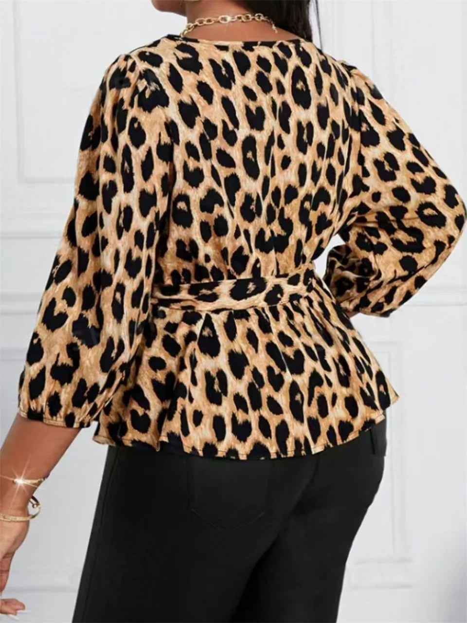 Leopard Belted Wrap Peplum Top