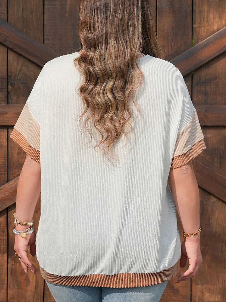 Triple-Bow Contrast-Trim Textured Top