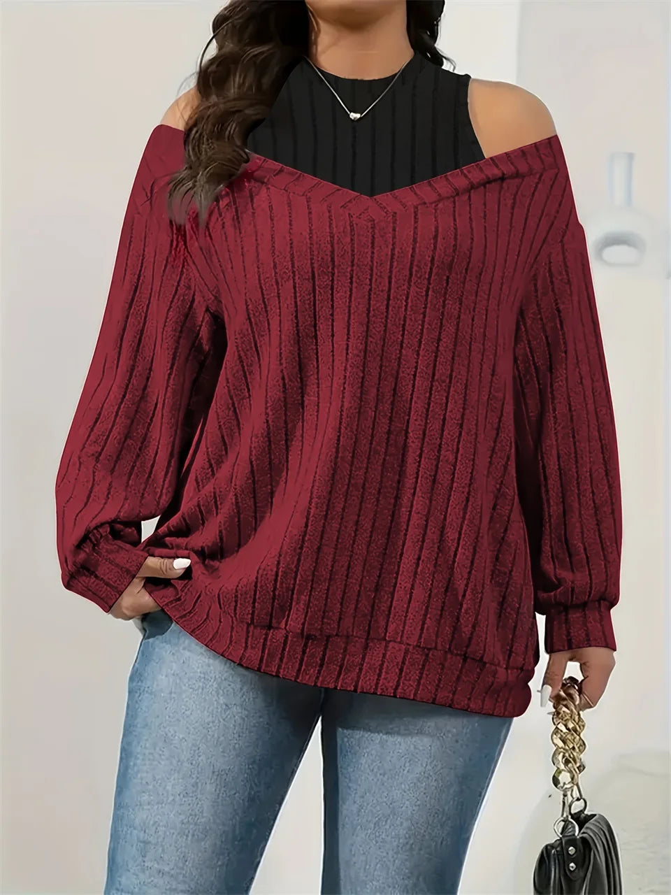 Layered Cold-Shoulder Ribbed Top