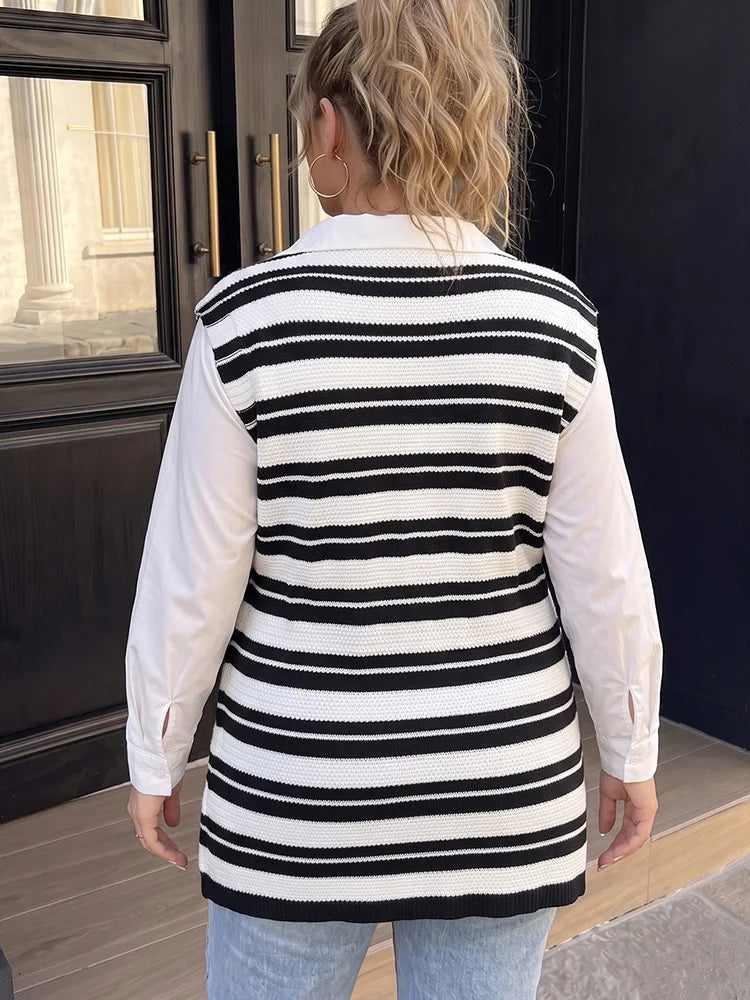 Striped Belted V-Neck Longline Vest