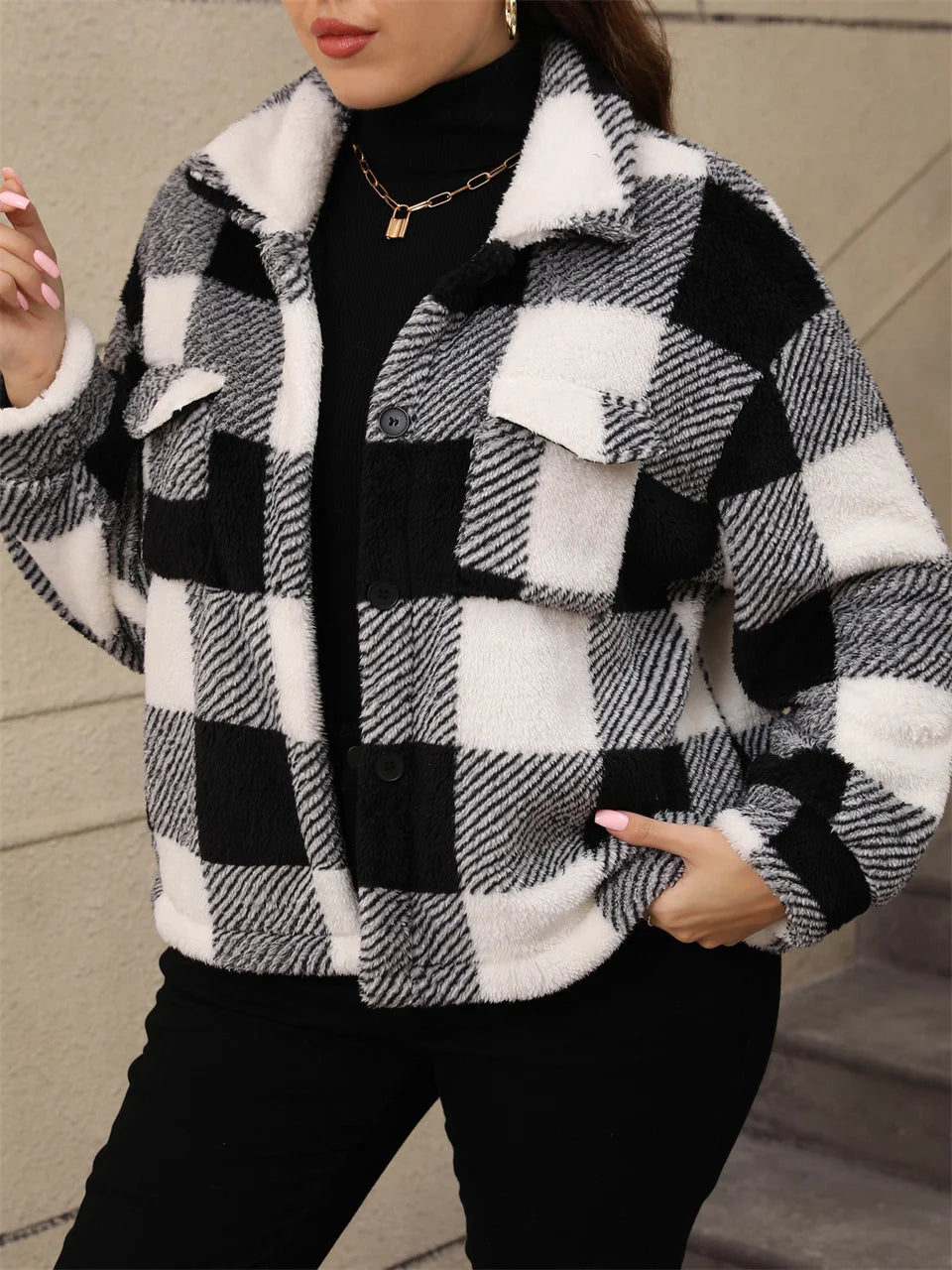 Fuzzy Plaid Button-Front Shirt Jacket