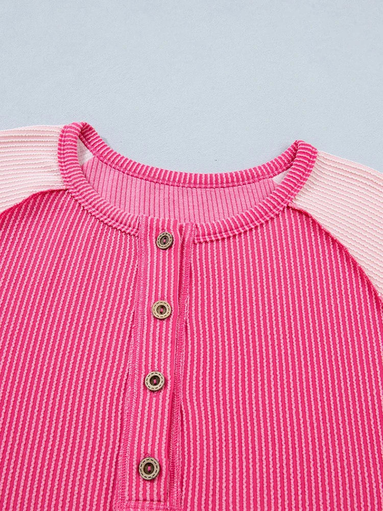 Colorblock-Sleeve Ribbed Henley Top