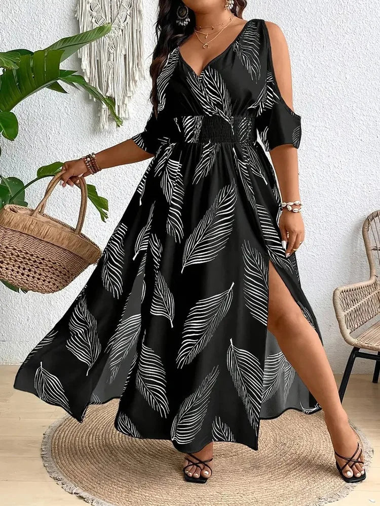 Leaf-Print Cold-Shoulder Maxi Dress