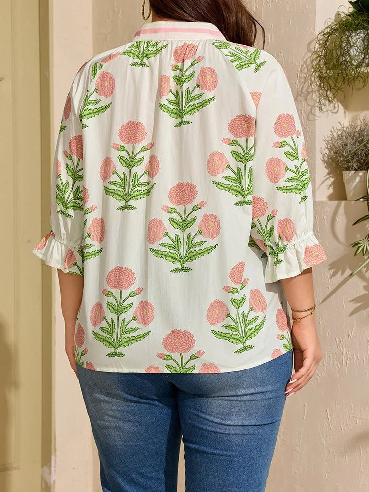 Pink-Floral Split-Neck Blouse