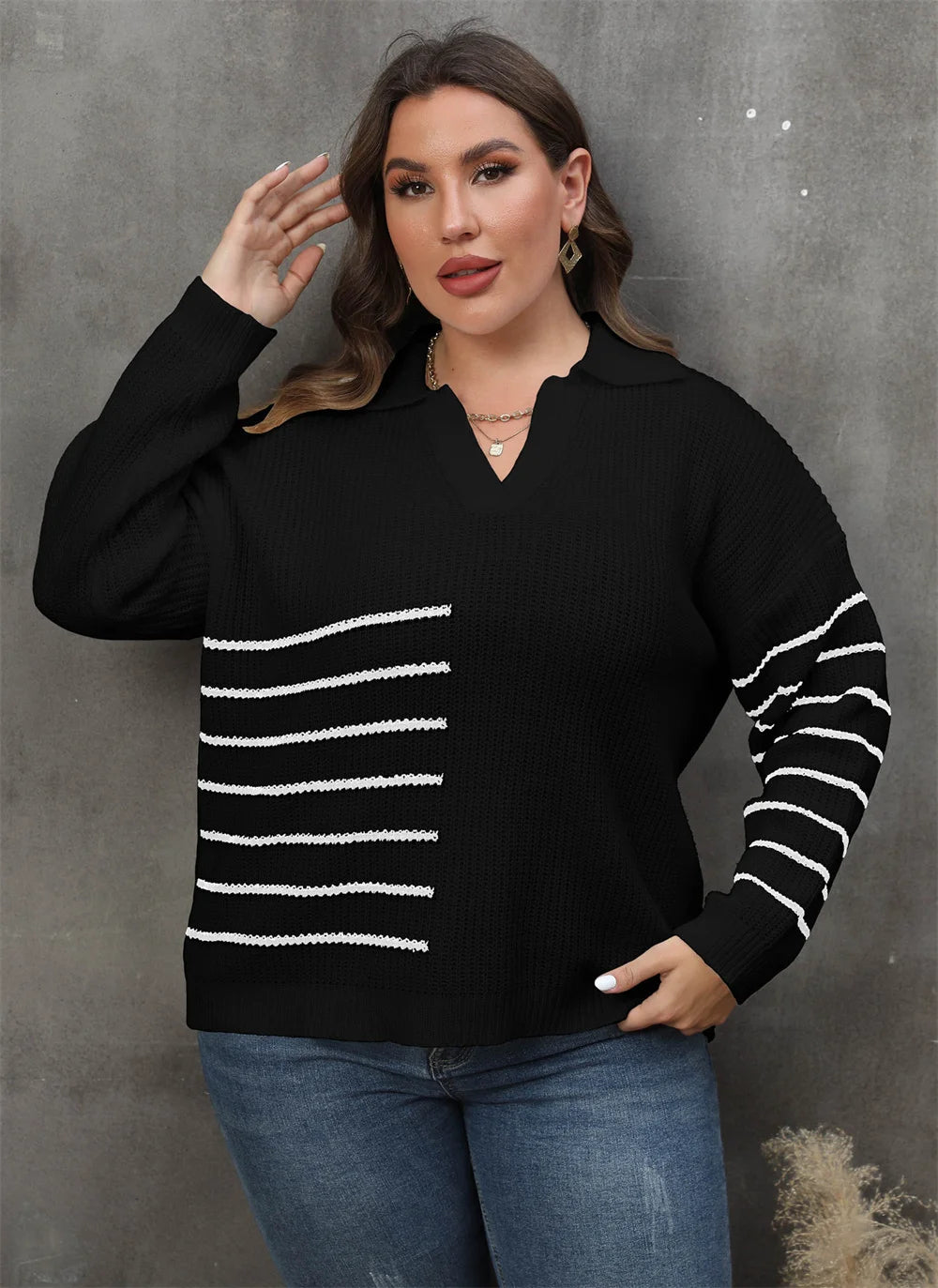 Asymmetric-Stripe Polo-Collar Sweater