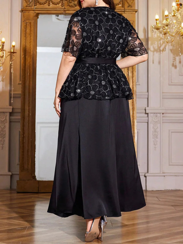 Sequin-Lace Peplum Top & Maxi Skirt Set