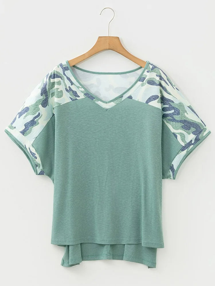 Camo-Raglan V-Neck Top
