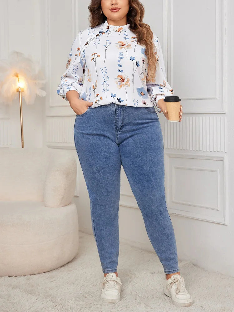 Floral Asymmetric-Button Blouse