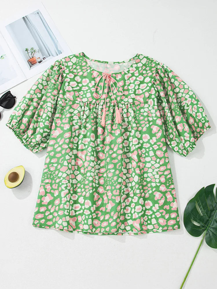 Abstract-Spot Tassel-Tie Blouse