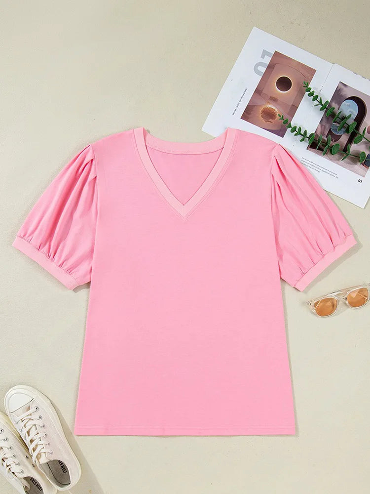 V-Neck Puff-Sleeve Blouse