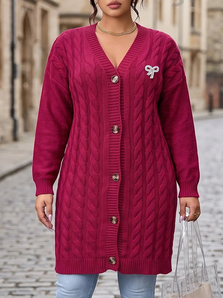 Cable-Knit Button-Front Longline Cardigan