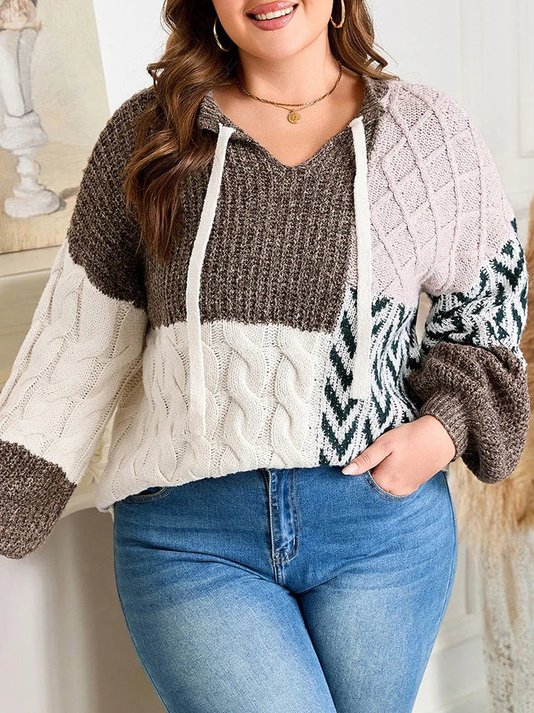 Mixed-Pattern Drawstring-Hood Sweater