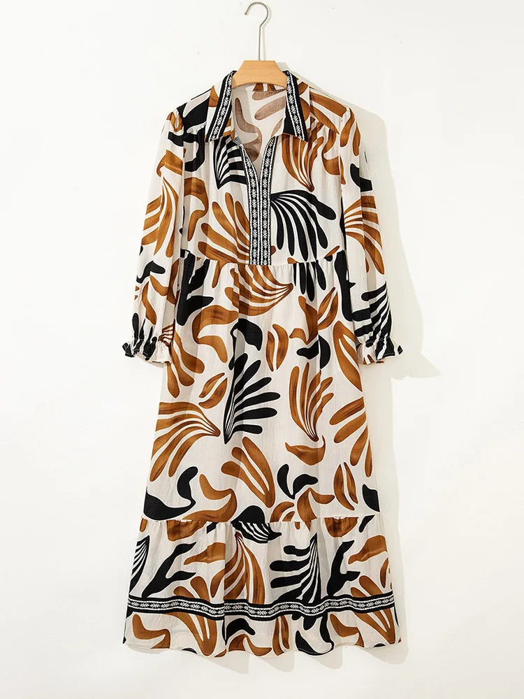 Abstract Collared Tiered Maxi Dress