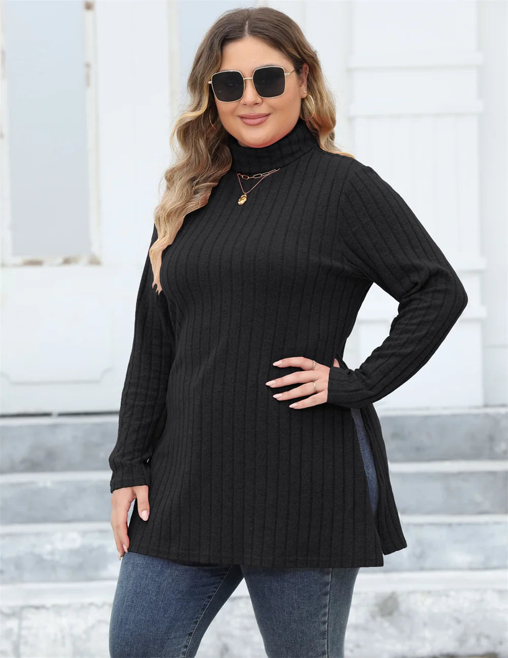 Ribbed Turtleneck Side-Slit Tunic