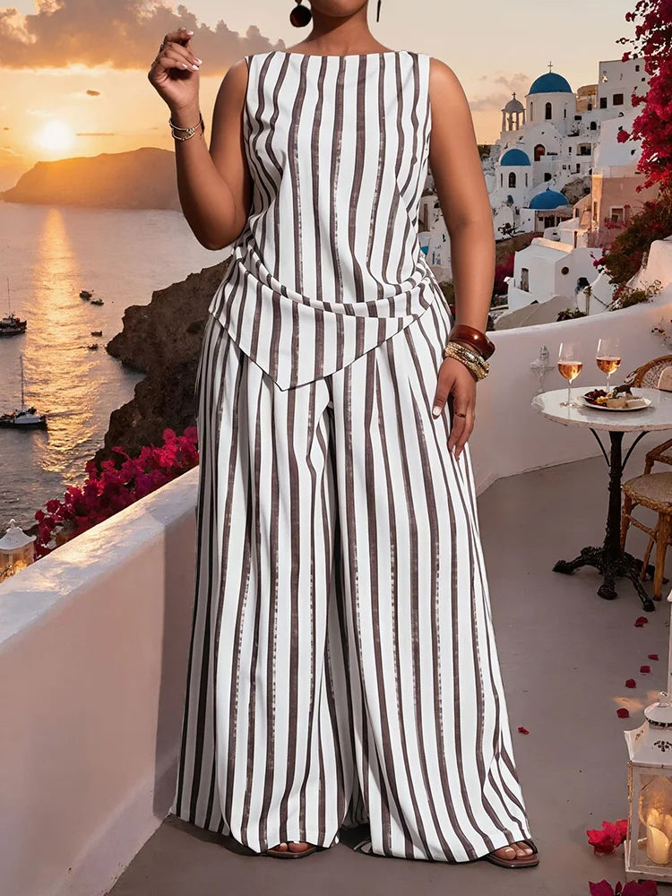 Striped Asymmetric Top & Wide-Leg Pants Set