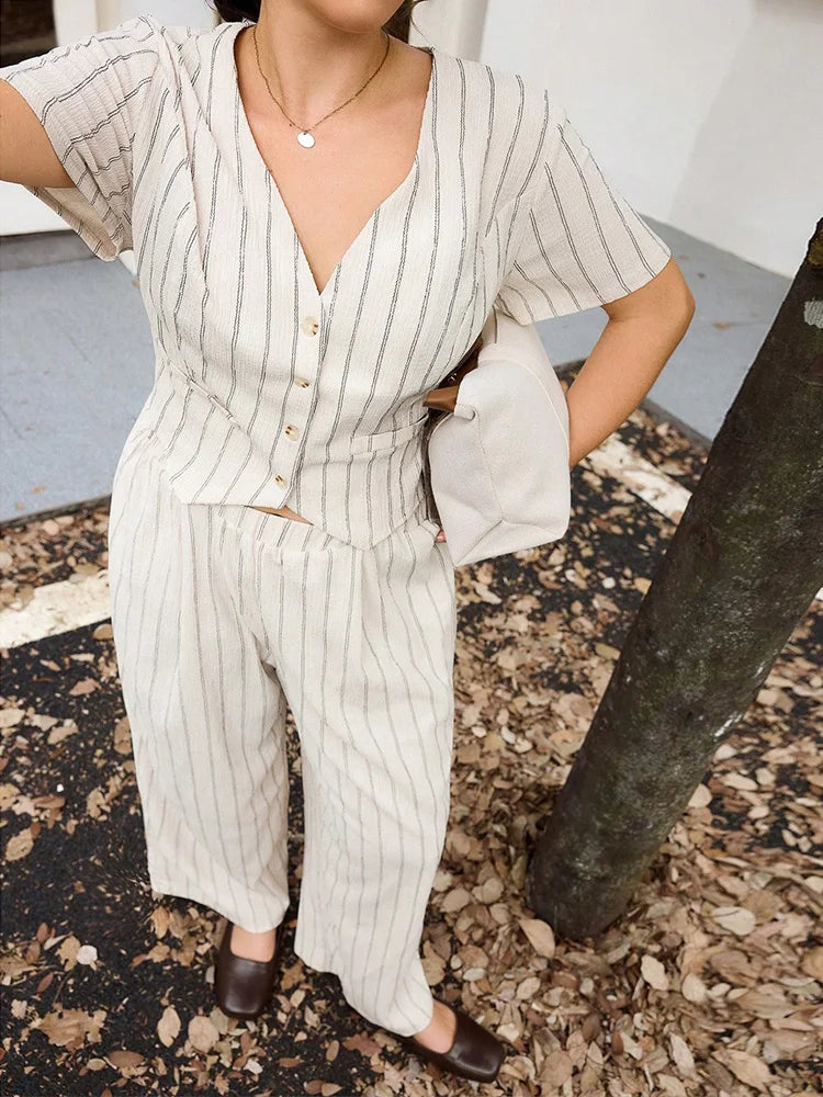 Striped Button Vest & Wide-Leg Pants Set