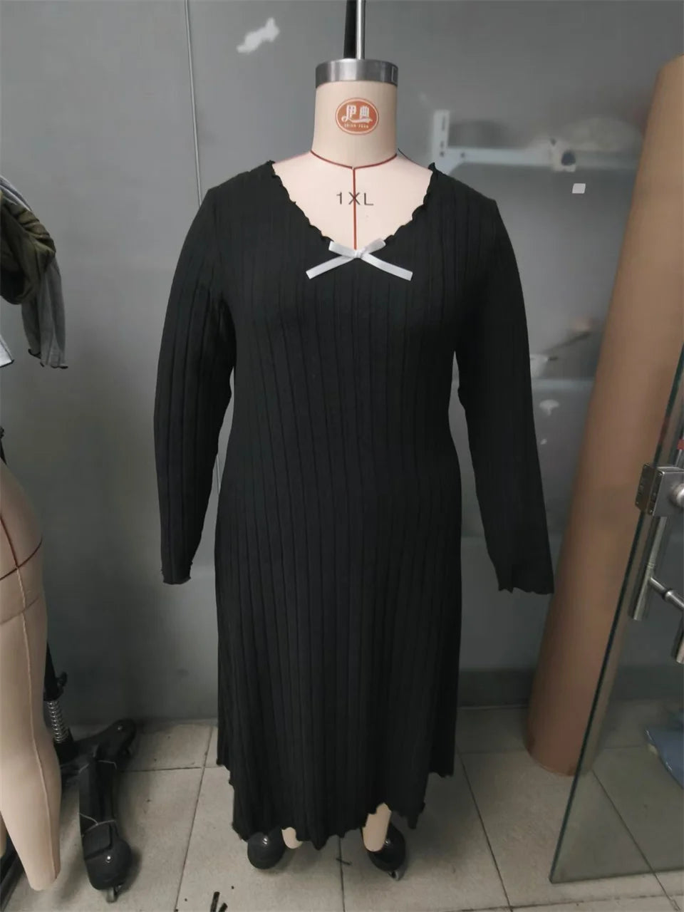 Ribbed Bow-Neck Midi Dress