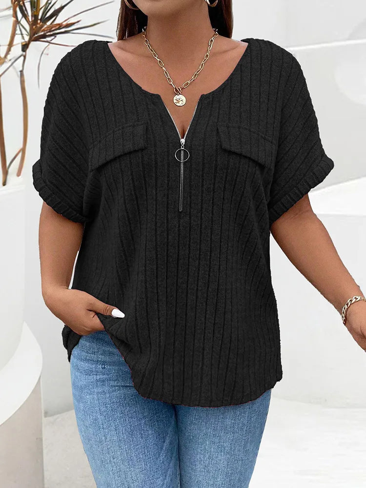 Ribbed Ring-Zip Pocket Top