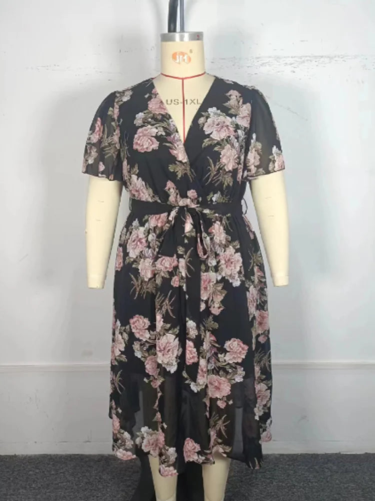 Floral Flutter-Sleeve Wrap Midi Dress