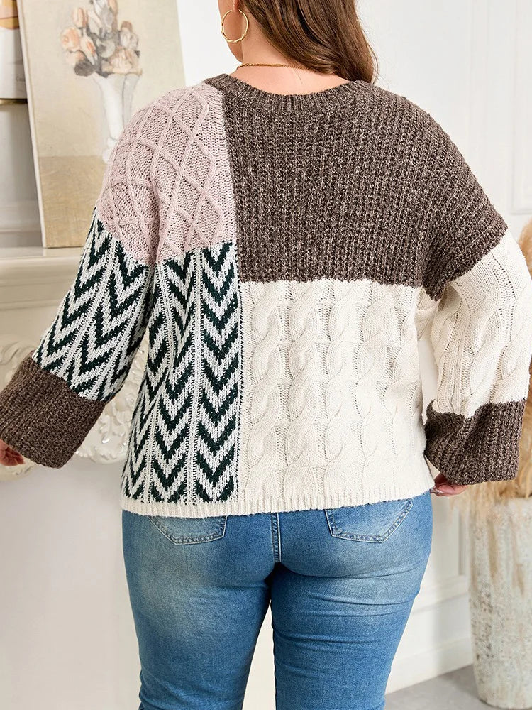 Mixed-Pattern Drawstring-Hood Sweater