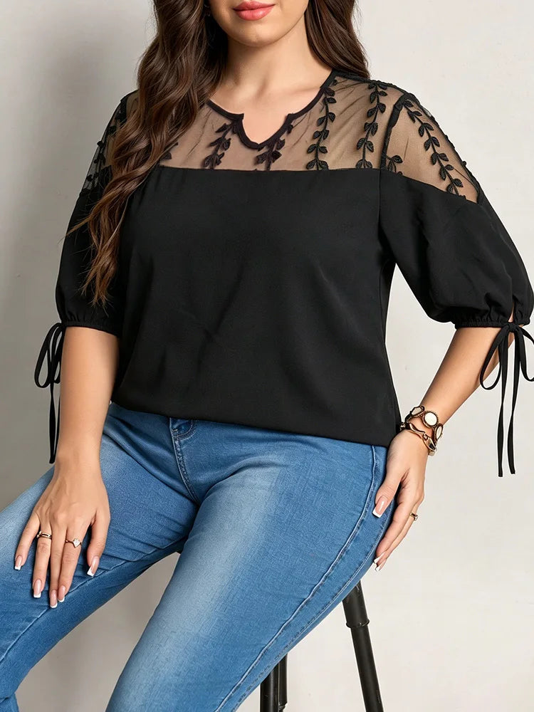 Mesh-Embroidered Yoke Tie-Sleeve Blouse
