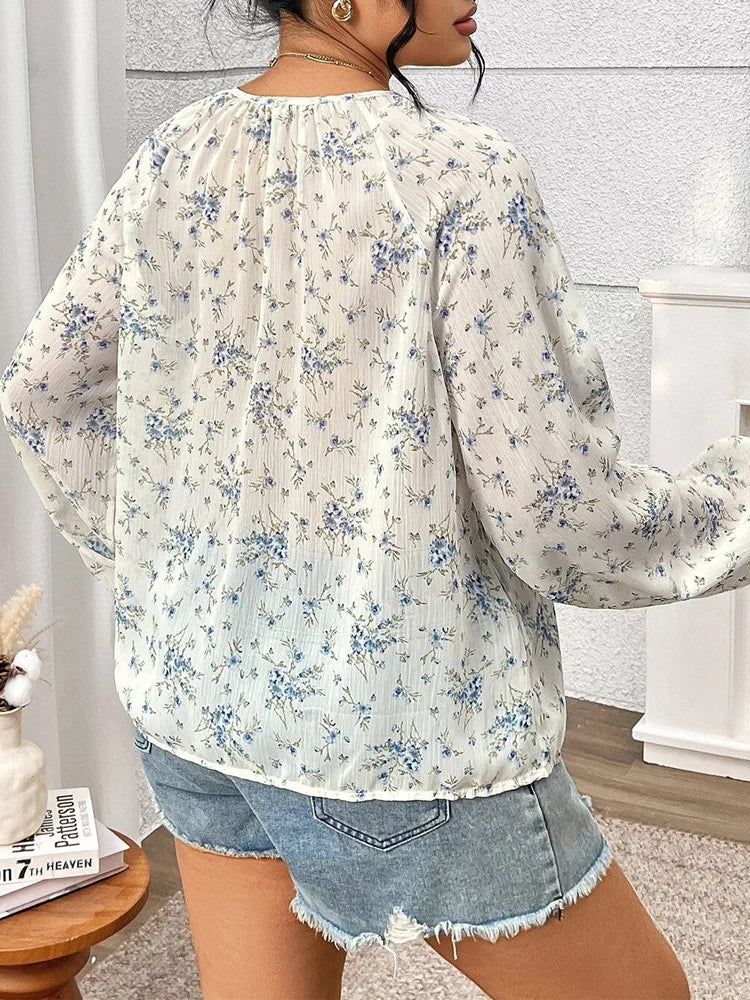 Ditsy-Floral Gathered-Neck Blouse