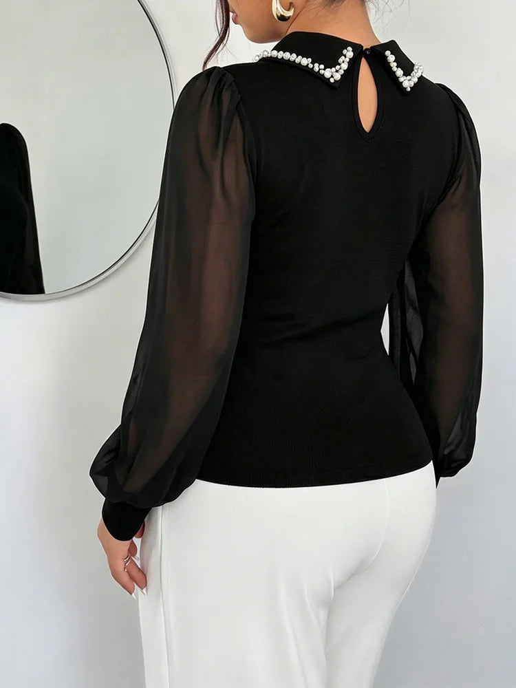 Pearl-Collar Sheer-Sleeve Top