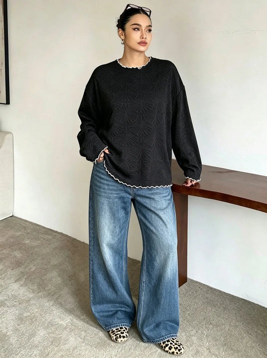 Textured Contrast-Piped Long-Sleeve Top