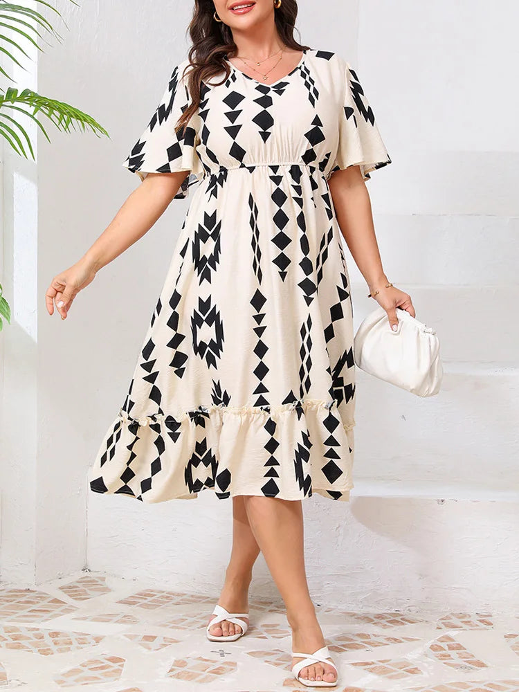 Geometric Flutter-Sleeve Midi Dress