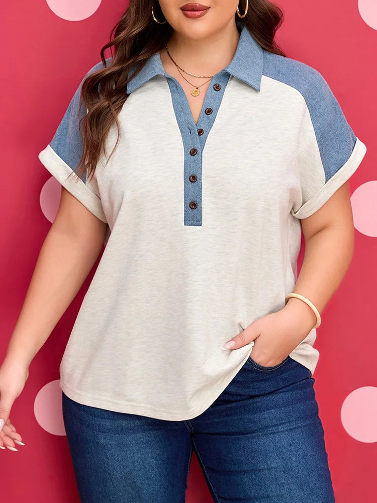 Colorblock Polo-Collar Button-Placket Top