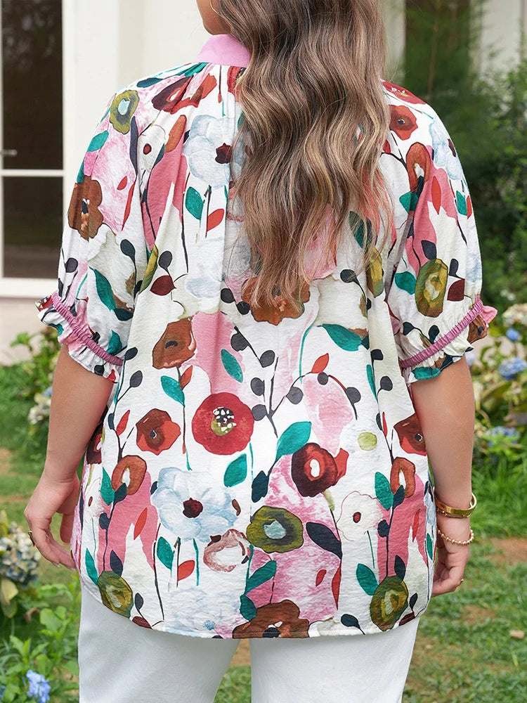 Floral Ruffle-Cuff Split-Neck Blouse