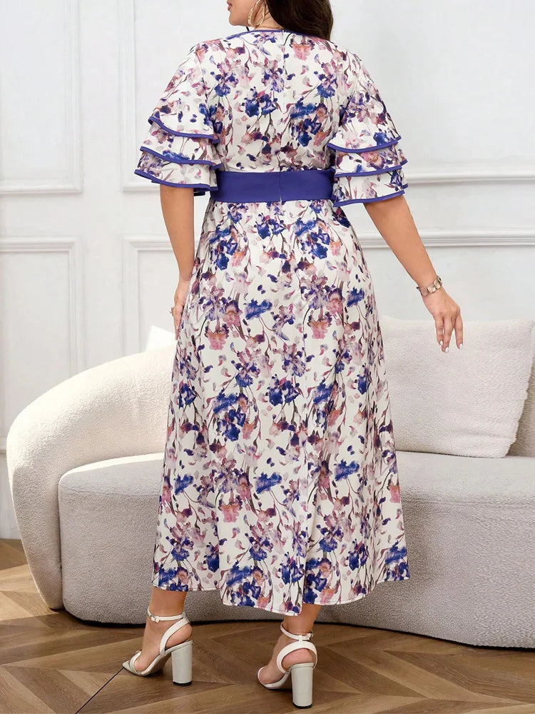 Floral Layered-Sleeve Midi Dress