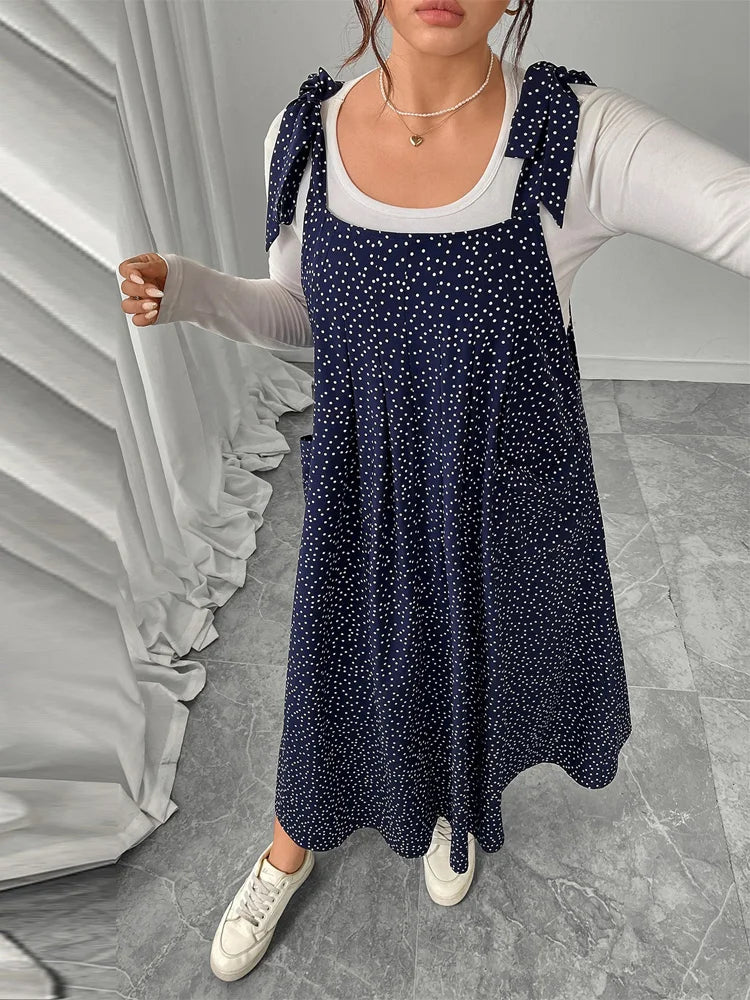 Tie-Shoulder Pocketed Pinafore Maxi Dress