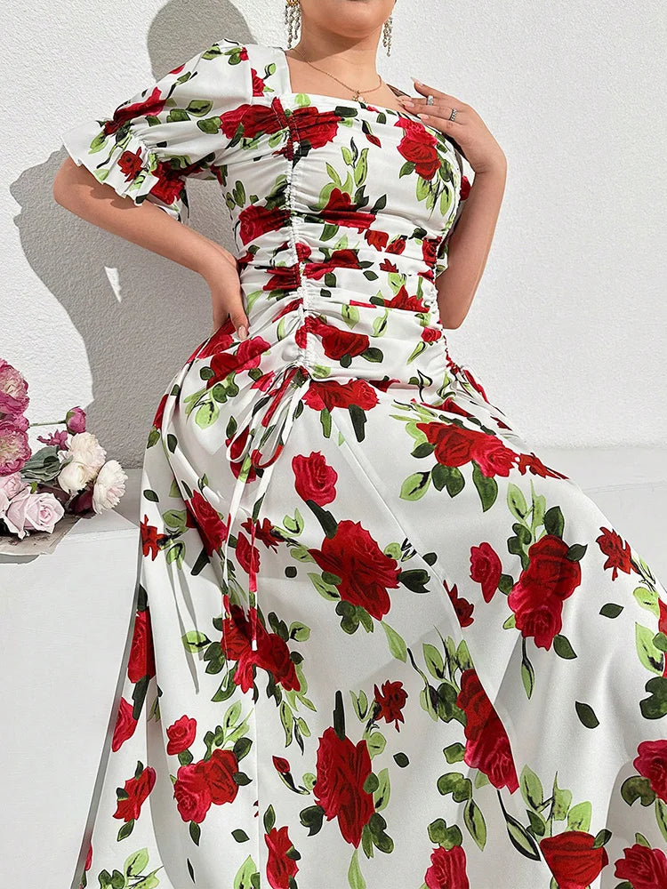 Rose-Print Square-Neck Maxi Dress