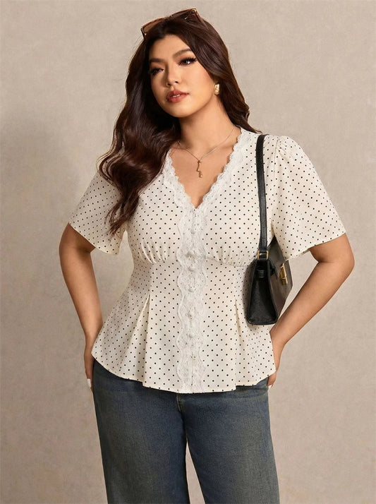 Polka-Dot Lace-Trim Peplum Blouse
