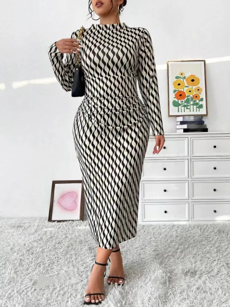 Wave-Print Mock-Neck Column Dress