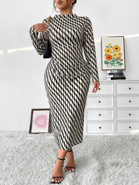 Wave-Print Mock-Neck Column Dress
