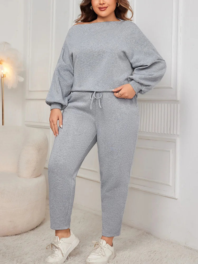 Off-Shoulder Sweatshirt & Tapered Pants Set
