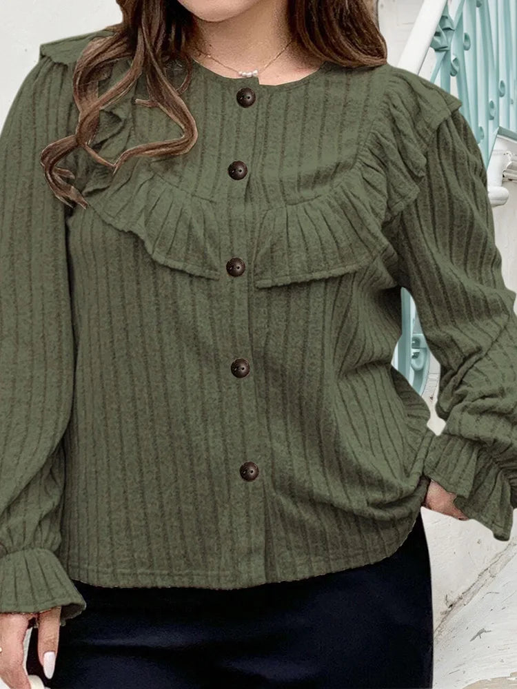 Ruffle-Yoke Ribbed Button-Front Top