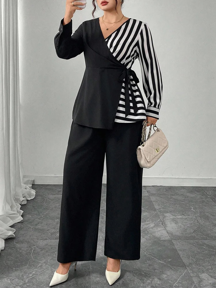 Striped Wrap Top & Wide-Leg Pants Set
