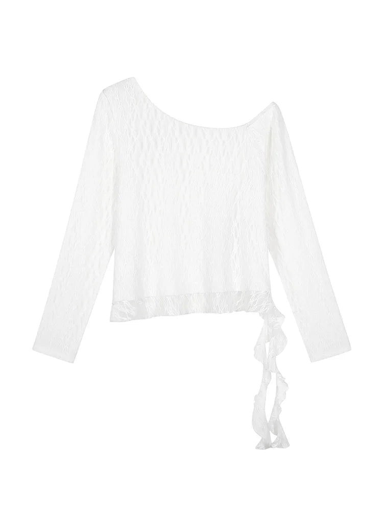 Bow-Appliqué Asymmetric Lace Top