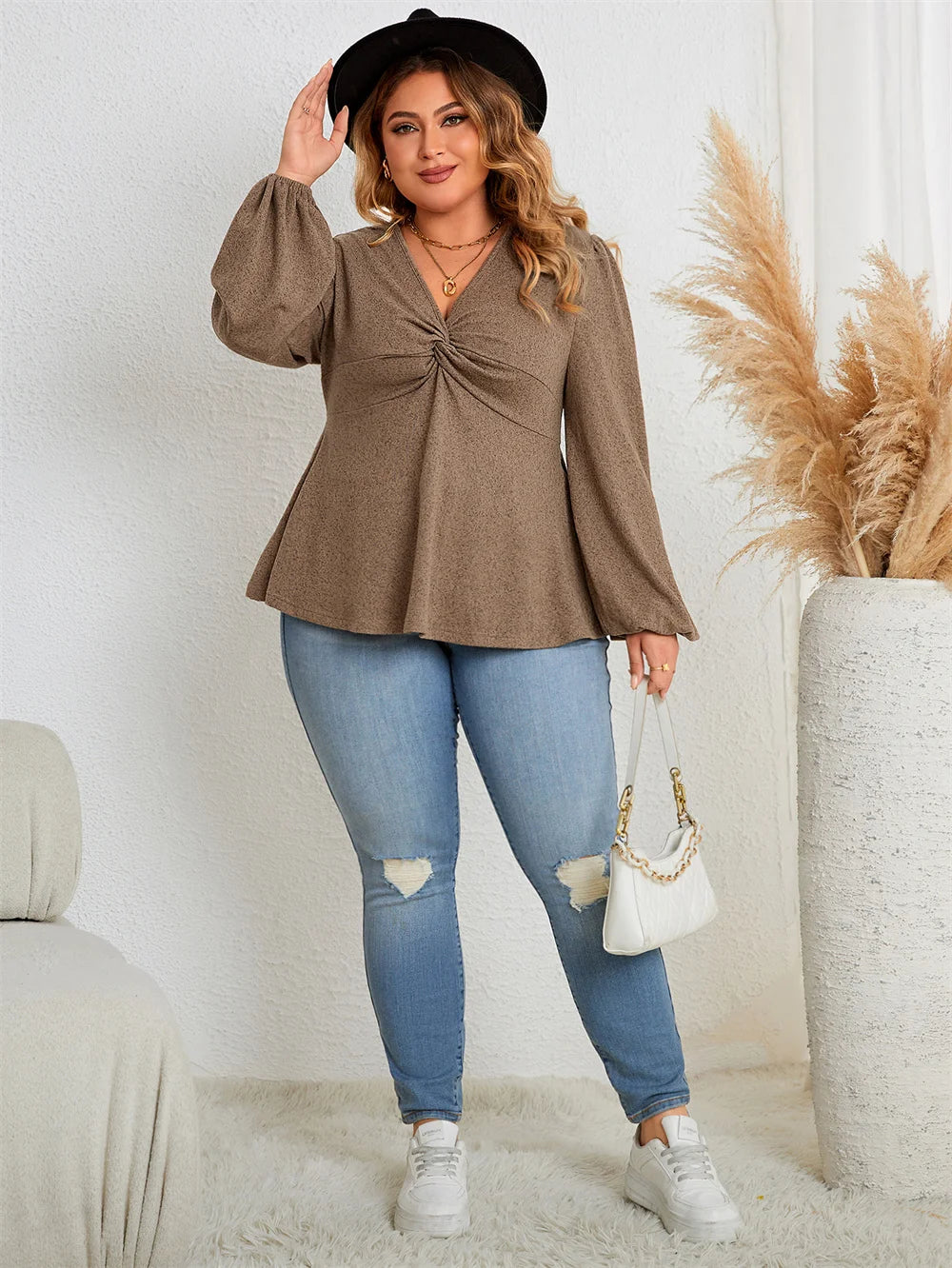 Twist-Front Bell-Sleeve Peplum Top