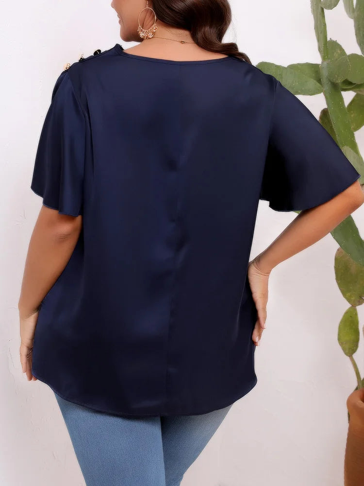 Draped-Neck Flutter-Sleeve Blouse
