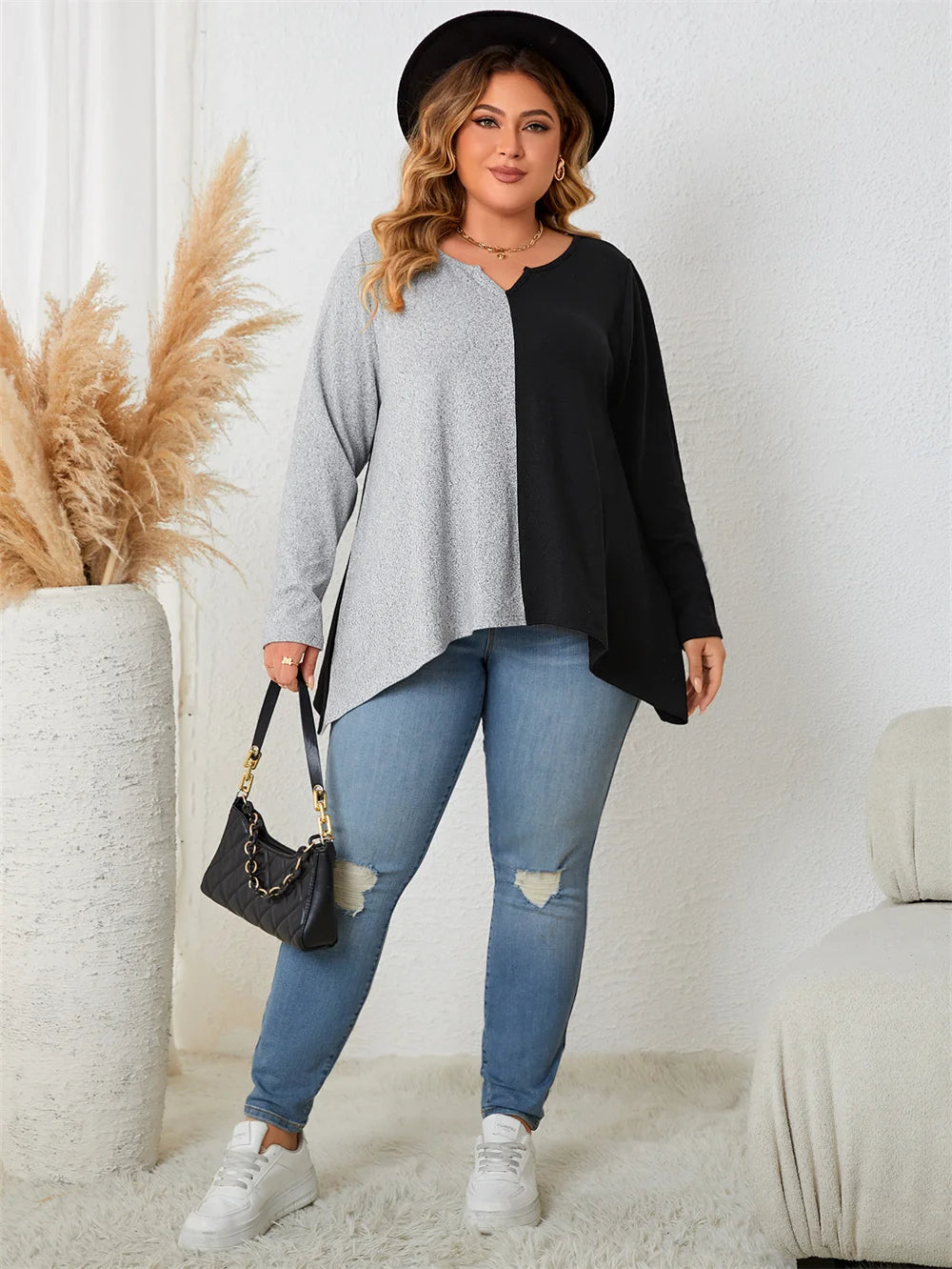 Colorblock Asymmetric-Hem Long-Sleeve Top