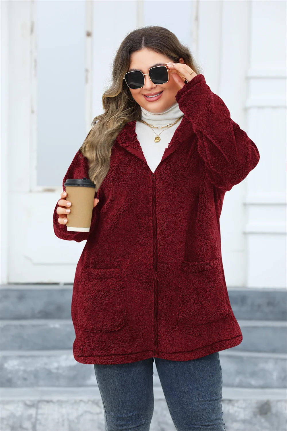 Fuzzy Hooded Zip Longline Coat