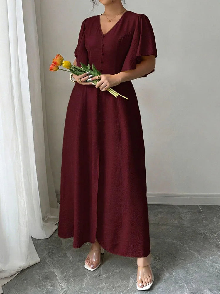 Button-Front Butterfly-Sleeve Maxi Dress