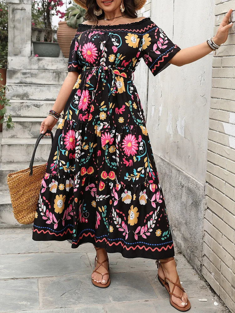 Folk-Floral Off-Shoulder Maxi Dress